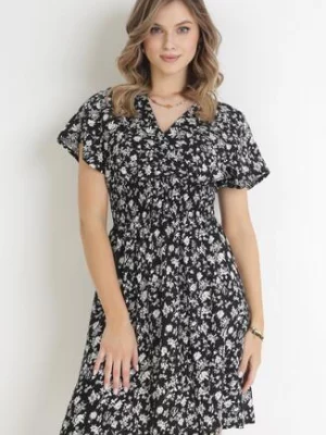 Czarna Kwiecista Sukienka Mini z Wiskozy z Marszczoną Gumką w Pasie Catela cflo