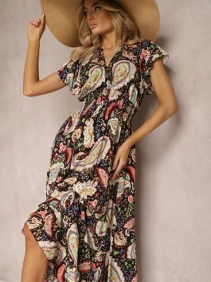 Czarna Letnia Sukienka z Bawełny z Wzorem Paisley i Elastyczną Gumką w Pasie Thetissa defox