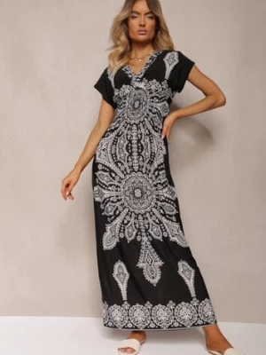 Czarna Letnia Sukienka z Gumką w Pasie Kopertową Górą i Ornamentalnym Printem Avilepea generation