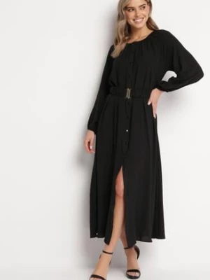 Czarna Luźna Sukienka Maxi z Guzikami i Paskiem z Ozdobną Klamrą Liriti rosa