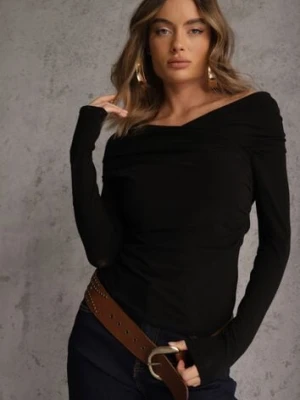 Czarna Marszczona Bluzka z Bawełną i Dekoltem w Łódkę Orinlia bisou's project