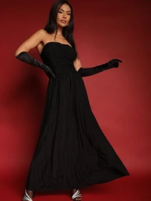 Czarna Marszczona Koktajlowa Sukienka Bandeau z Wiskozą Nalirion by swan