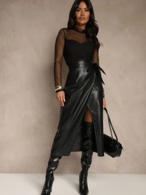 Czarna Marszczona Spódnica z Imitacji Skóry o Kopertowym Kroju z Wiązaniem Seoselle