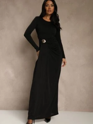 Czarna Marszczona Sukienka Koktajlowa Zdobiona Aplikacją w Talii Siweda allyson