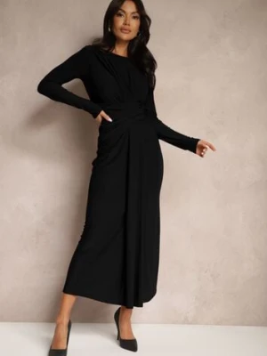 Czarna Marszczona Sukienka o Dopasowanym Kroju z Długim Rękawem i Trenem Sennariel allyson