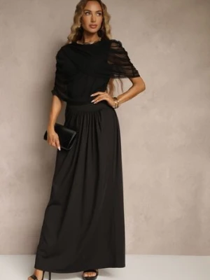 Czarna Marszczona Sukienka o Taliowanym Kroju z Dodatkową Narzutką z Siateczki Milarielis allyson