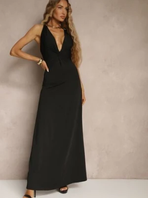 Czarna Marszczona Sukienka z Wiskozą o Rozkloszowanym Fasonie Bez Rękawów Folonea by swan