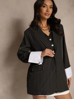 Czarna Marynarka Jednorzędowa o Pudełkowym Kroju w Pionowe Paski Eonevia jumelle