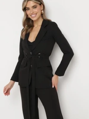 Czarna Marynarka Jednorzędowa z Ozdobnym Paskiem i Klapami Orianella lily rose