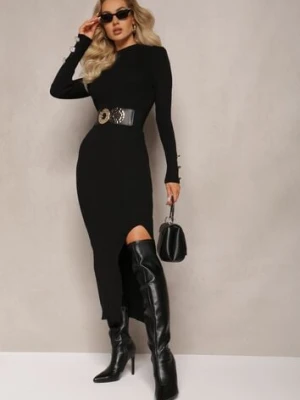 Czarna Maxi Prążkowana Sukienka o Dopasowanym Kroju z Guzikami i Wycięciem Inelia elsa.m by may