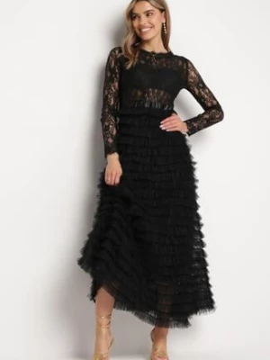 Czarna Maxi Sukienka Rozkloszowana z Koronkową Górą i Tiulowymi Falbankami Firina elsa.m by may