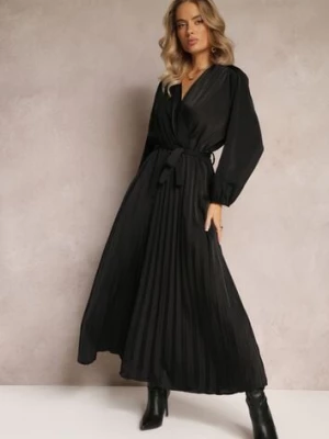 Czarna Maxi Sukienka z Plisowanym Dołem i Kopertowym Dekoltem Basila christy