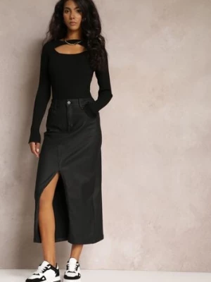 Czarna Midi Spódnica High Waist z Guzikiem i Kieszeniami oraz Suwakiem Navitta daysie