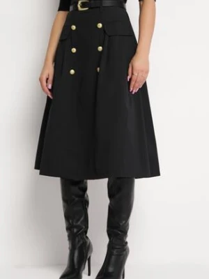 Czarna Midi Spódnica z Ozdobnymi Klapami i Guzikami oraz Paskiem z Ekoskóry Olearia elsa.m by may