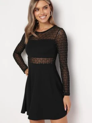 Czarna Mini Rozkloszowana Sukienka z Siateczką Ozdobioną Brokatem Ekenedi fashion