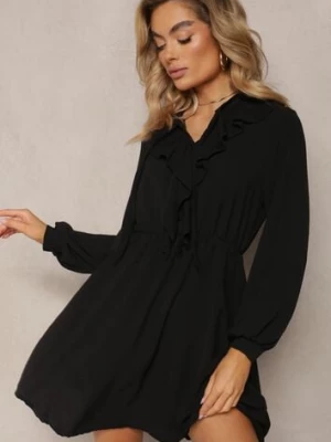 Czarna Mini Sukienka o Rozkloszowanym Fasonie z Falbankami i Gumką w Talii Beranzze lily rose