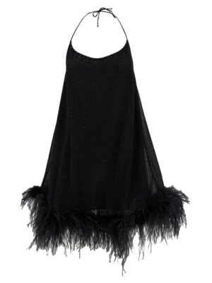 Czarna Mini Sukienka z Ozdobnymi Piórami Oseree