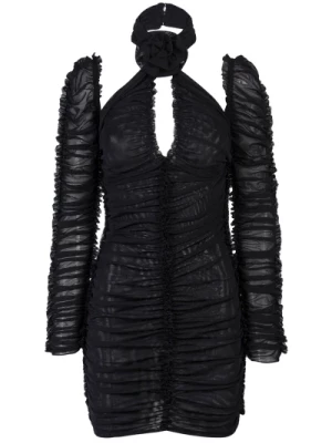 Czarna Mini Sukienka z Siateczki z Odpinanymi Rękawami i Detalami w Kształcie Róży AZ Factory