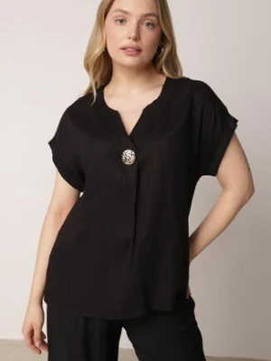 Czarna Nietoperzowa Bluzka z Krótkim Rękawem z Lnem i Wiskozą Isirtila rosita