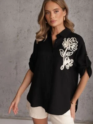 Czarna Nietoperzowa Koszula z Wiskozy z Podpinanymi Rękawami i Haftem Adreaneh ambitionfly