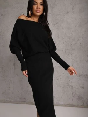 Czarna Nietoperzowa Sukienka z Dzianiny z Wiskozą z Dekoltem w Łódkę Yuzoma bisou's project