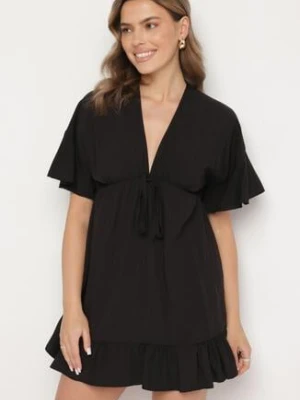 Czarna Nietoperzowa Sukienka z Wiskozą o Rozkloszowanym Kroju z Falbanką Tullimi new collection