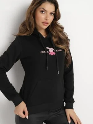 Czarna Ocieplona Bluza Kangurka z Kapturem i Pluszową Naszywką Dysineia kamaella