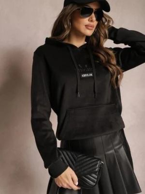 Czarna Ocieplona Bluza Welurowa o Fasonie Kangurki z Napisem Meluia kamaella