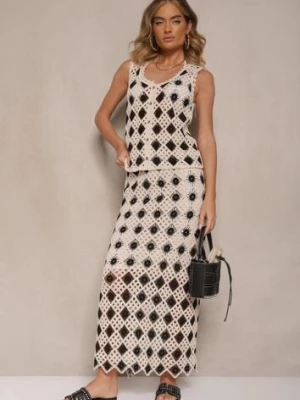 Czarna Ołówkowa Spódnica z Szydełkowej Tkaniny z Gumką w Talii Banamira rosa