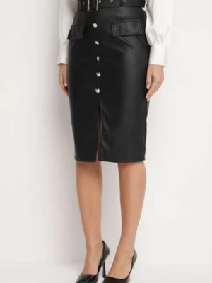 Czarna Ołówkowa Spódnica z Wysokim Stanem z Ekoskóry z Ozdobnym Paskiem Velinka new collection