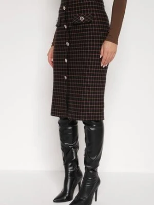 Czarna Ołówkowa Tweedowa Spódnica w Kraciasty Wzór z Guzikami Anitusa