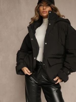 Czarna Oversizowa Kurtka z Kapturem i Pikowanymi Przeszyciami Unavella jumelle