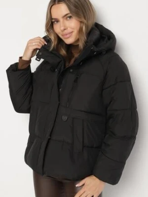 Czarna Oversizowa Kurtka z Pikowanymi Przeszyciami i Kapturem Galimea swest