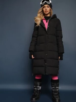Czarna Pikowana Długa Kurtka z Kapturem i Napami Tisima melya by melody
