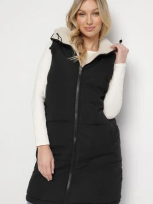 Czarna Pikowana Kamizelka Dwustronna z Futerkiem Typu Baranek i Kapturem Lertiala j.style