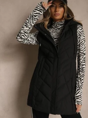 Czarna Pikowana Kamizelka o Taliowanym Kroju z Kapturem Tulonea swest