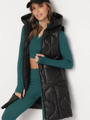 Czarna Pikowana Kamizelka z Kapturem i Kieszeniami Kress