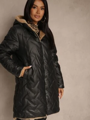Czarna Pikowana Kurtka Dwustronna o Długim Kroju z Kapturem Olettia j.style