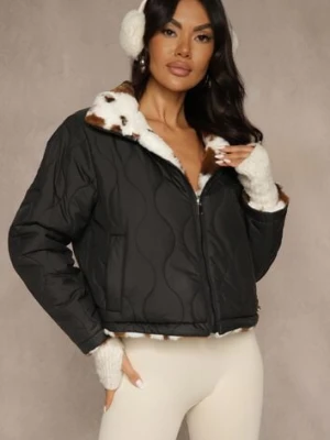 Czarna Pikowana Kurtka Dwustronna Ozdobiona Łaciatym Futerkiem Mevelliana