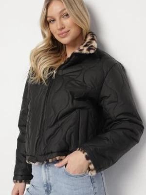 Czarna Pikowana Kurtka Dwustronna ze Stójką i Ściągaczem z Futerkiem w Panterkę Cesila