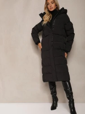 Czarna Pikowana Kurtka o Długim Kroju z Kapturem i Ściągaczami Zapinana z Boku na Napy Siarielia jstyle