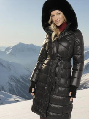 Czarna Pikowana Kurtka o Długim Kroju z Odpinanym Kapturem z Futerkiem i Paskiem oleti j.style