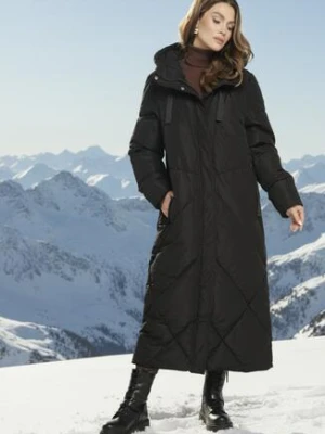 Czarna Pikowana Kurtka o Długim Pudełkowym Kroju z Kapturem i Kieszeniami Attesina jstyle