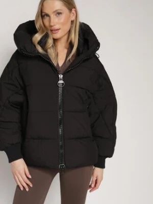 Czarna Pikowana Kurtka o Kroju Oversize z Kapturem Mevisana