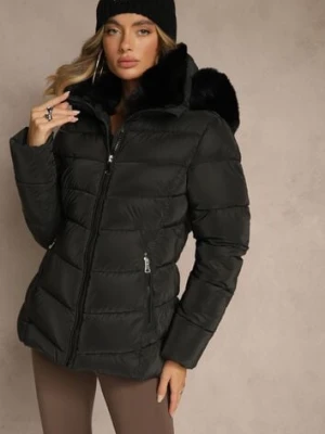 Czarna Pikowana Kurtka o Taliowanym Kroju z Kapturem z Futerkiem Olidessa romee's