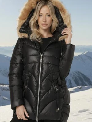 Czarna Pikowana Kurtka o Trapezowym Kroju z Kapturem i Odpinanym Futerkiem Deolaine