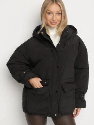 Czarna Pikowana Kurtka Oversize z Kapturem i Paskami przy Rękawach Unitessa jumelle
