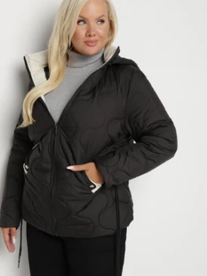 Czarna Pikowana Kurtka Plus Size z Odpinanym Kapturem i Wsuwanymi Kieszeniami Anselie