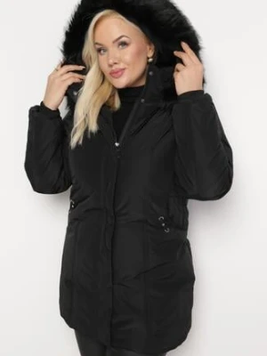 Czarna Pikowana Kurtka przed Kolano z Odpinanym Kapturem i Futerkiem Nargira black&fish