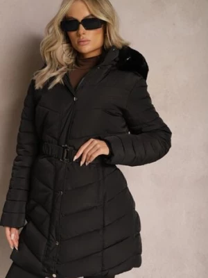 Czarna Pikowana Kurtka przed Kolano z Paskiem Moriante melya by melody